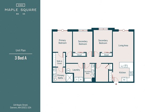 Floor plan for 3 beds, 2 baths, 1536 sqft